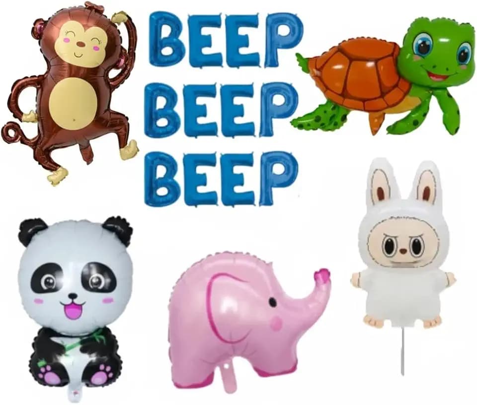 100% LIKED-Beep Beep Beep Blue Letters Balloon Banner, Cartoon Animal Foil Balloon Set Cute Assorted Animal Balloons for Kids Birthday Party Baby Shower Animal Theme Party Decorations