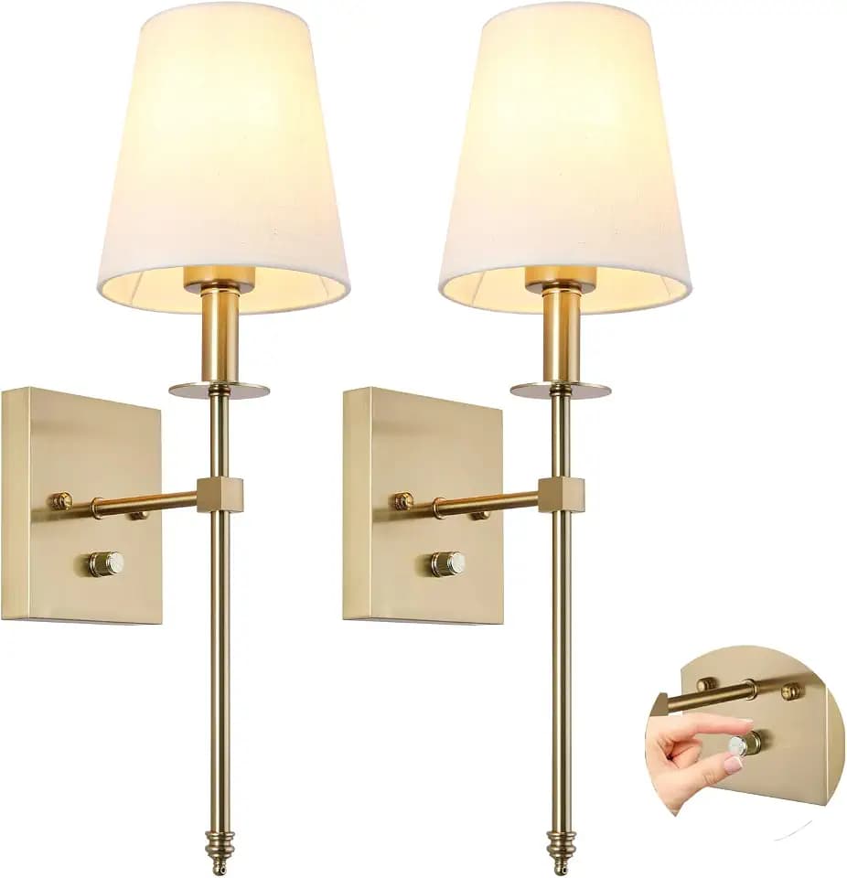 Dimmable Wall Sconces Set of 2, Gold Bathroom Vanity Lighting Fixtures, Modern Gold Wall Light with On Off Switch for Living Room Bedroom Hallway