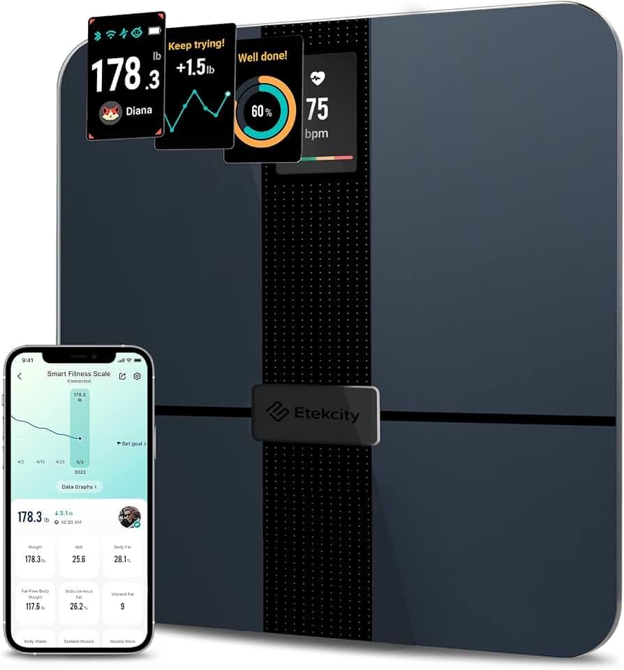 Etekcity XL Körperfettwaage,14 Werte, App&Wifi&USB-Aufladung&Großem Display