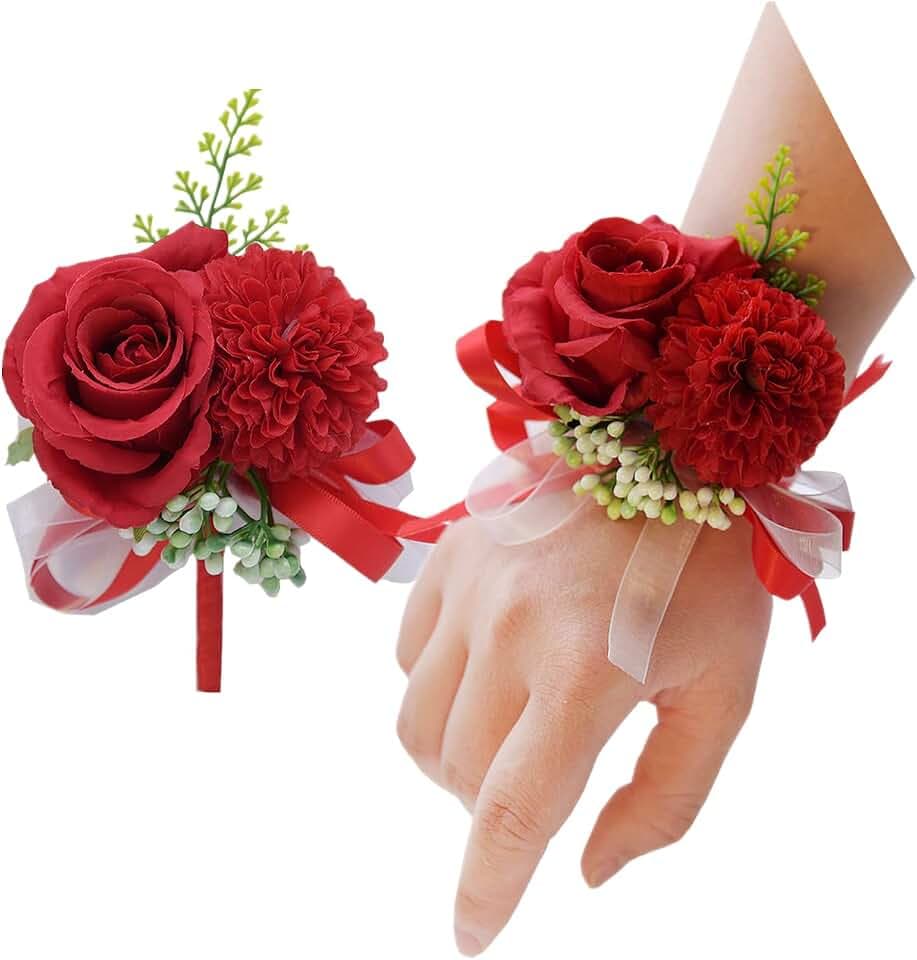 2 Stück Blume Handgelenk Corsage Boutonniere Set, 7,6 cm künstliche Rose und Nelke, handgefertigte Seidenblume für Hochzeit, Blumen, Zubehör, Abschlussball, Anzug, Dekoration, Rot