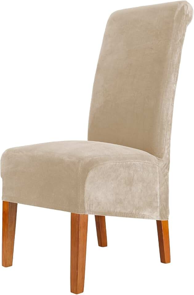 CMAKER Stuhlhussen aus Samt, dehnbar, große Stuhlhussen, Spandex, hohe Rückenlehne, elastisch, waschbar, abnehmbar, XL-Stuhlschutz, Beige, 4 Stück