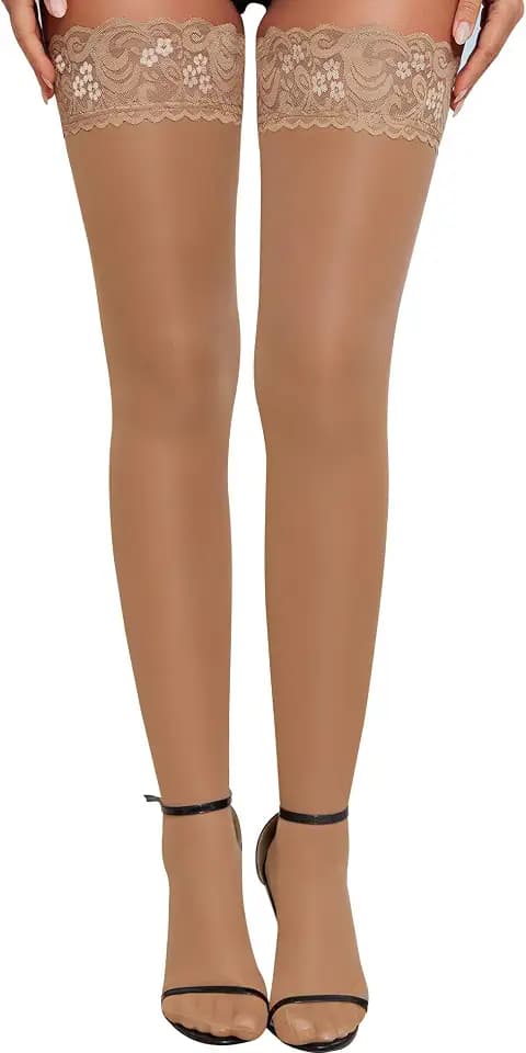 RSLOVE Women's Lace Top Thigh High Sheer Stockings Antiskid Silicone Ultra Shimmery Pantyhose