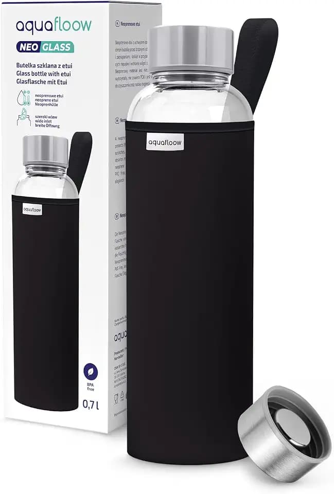 Aquafloow Wasserflasche aus Glas 700 ml mit Neoprenhülle, Transparente trinkflasche Glas mit Bambusdeckel | Ideal flasche für Büro, Outdoor, Schule, für Kohlensäurehaltige Getränke – Schwarz