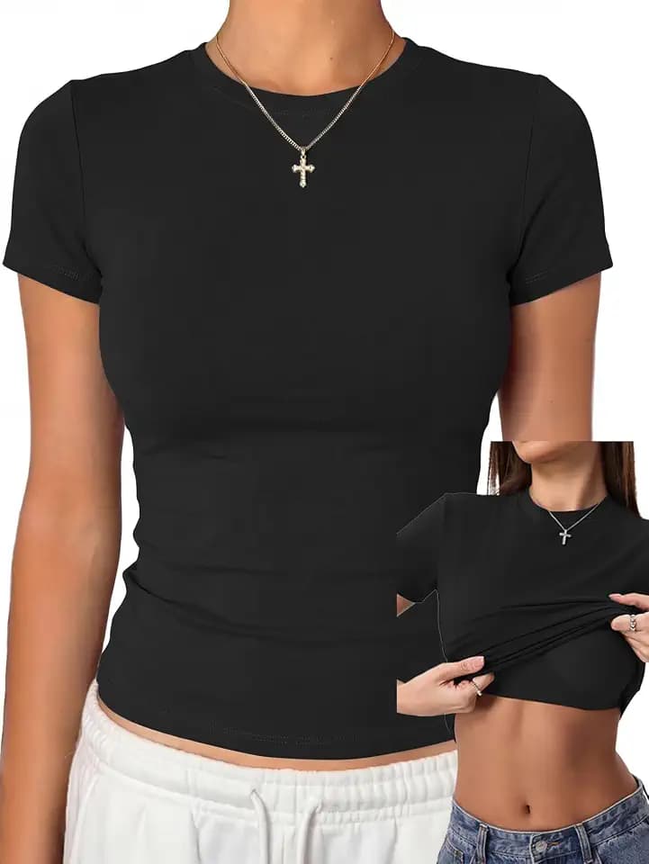 Danysu Womens Tops with Built in Bra Short Sleeve Fitted Crop T Shirt