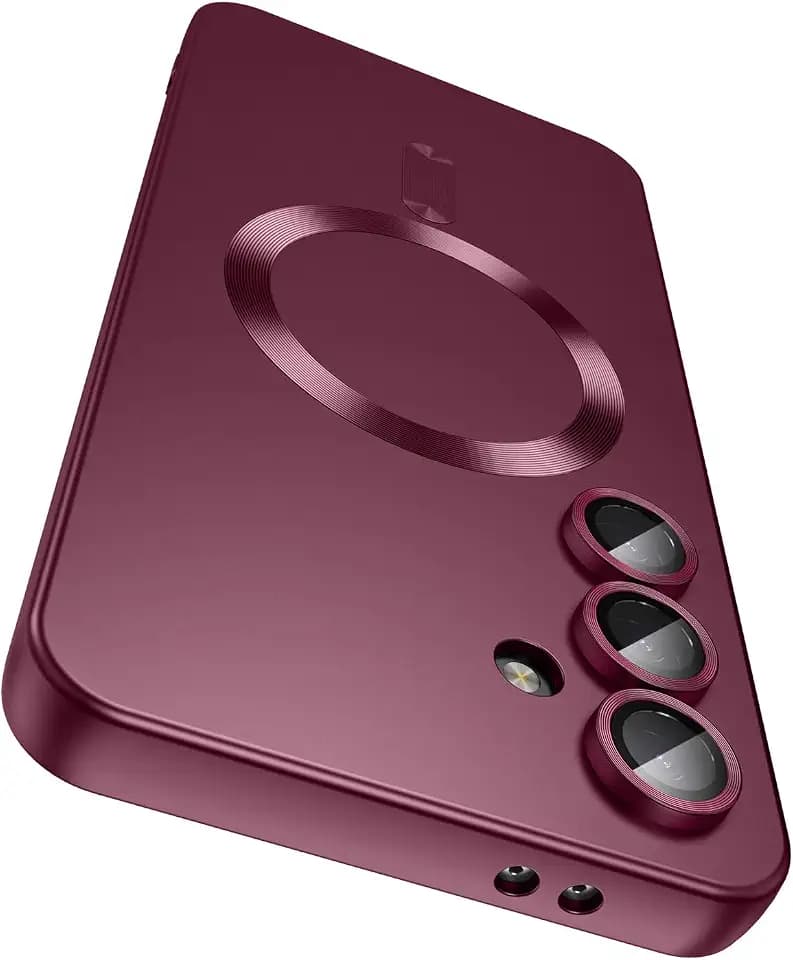 LEKEVO Magnetic for Samsung Galaxy S24 Plus Case [Compatible with MagSafe][Built-in Camera Lens Protector] Slim Soft Silicone Bumper Shockproof Metallic Luster Phone Case (Burgundy)