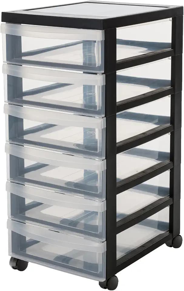 Iris Ohyama Kunststoff-Schubladenbox mit Rollen, 6 flachen Schubladen, Schwarz, Griffe zum Ziehen, Für Schlafzimmer, Bad, Schule & Büro, BPA-frei, Schubladenschrank, Rollcontainer, A4 Drawer, DC-360