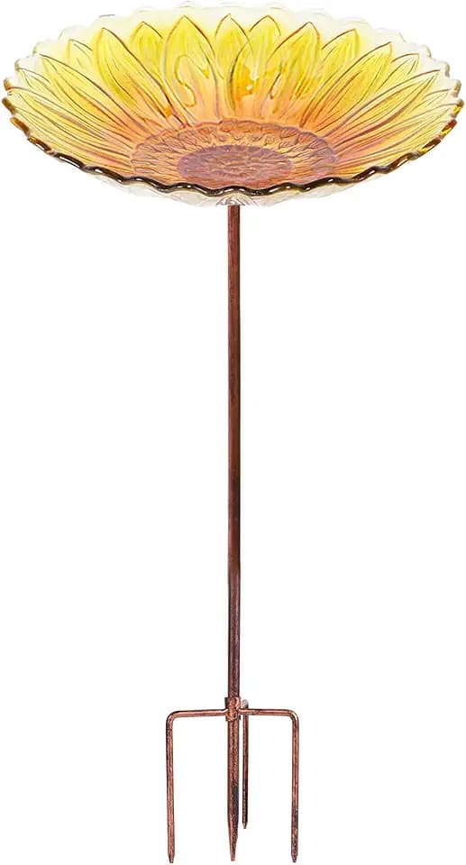 MUMTOP Glass Bird Bath, Garden Outdoor Birdfeeder with Metal Stake, Yellow