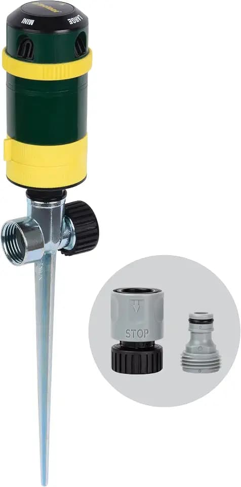 Melnor 65189AMZ Turbo Rotary Sprinkler on Step Spike, 4 Spray Patterns, Covers Up to 68 Ft. Diameter, QuickConnect Set, Green/Yellow