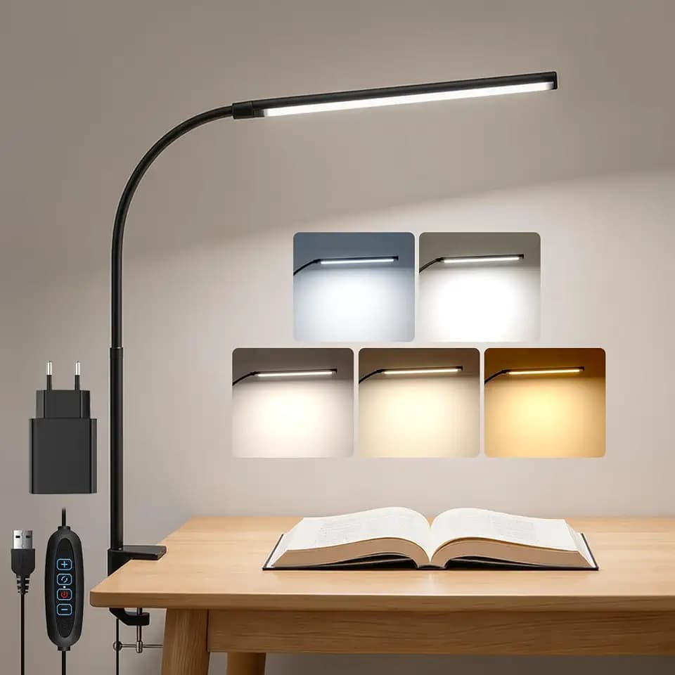 Akynite LED Schreibtischlampe Klemmbar mit Timer, 2A Adapter Enthalten, 5 Farbmodi 10 Helligkeit, USB-Anschluss mit Kabel, Lampe Schreibtisch Klemme, LED Schwanenhals Lampe Tisch, Schwarz