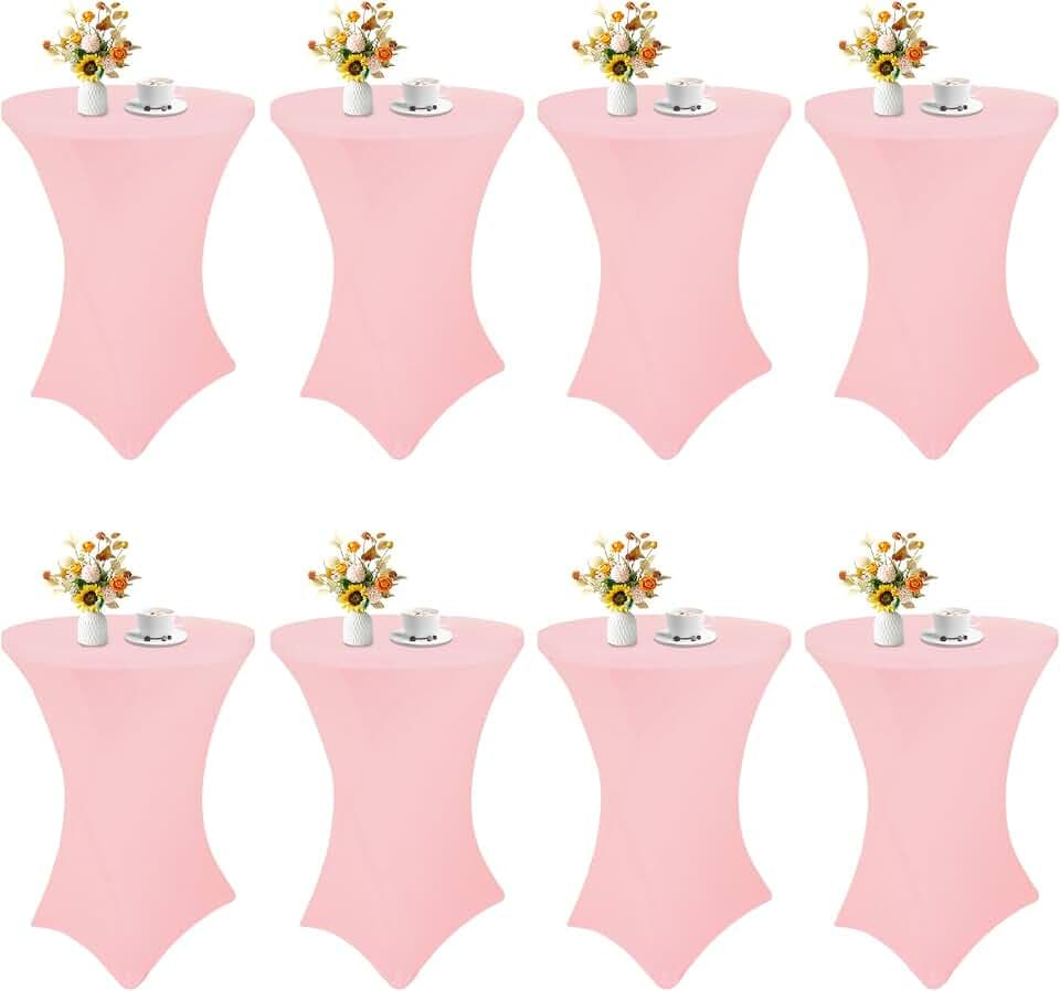 HAISIWLKJ 8 Pack Cocktail Table Covers 32x43 Inch Fitted Stretch Spandex Square Corners Pink High Top Cocktail Tablecloth for Round Table for Party, Wedding, Birthday, Banquet(Pink)