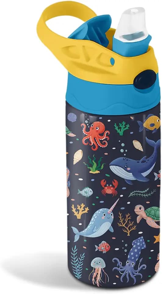 12oz Sea Water Bottle Kids - Under The Sea Water Bottle with Straw Lid, BPA-Free, Leak-Proof, Double-Wall Stainless Steel Insulated Kids Waters Bottles for School, Gift Cup for Sea World Lover