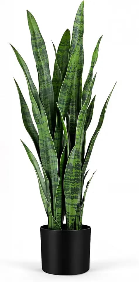 KOL 3ft Artificial Snake Plant, Fake Sansevieria Potted Plants, with Thick Lifelike Faux Leaves, Indoor Home Office Decor, Mother-in-Law Tongue Houseplant, 35in, Green