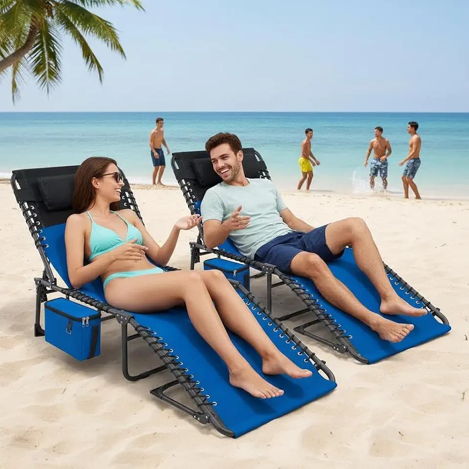 Outdoor Chaise Lounge Chair, Folding Tanning Chair with 5-Position Adjustable Backrest, Portable Sun Lounger with Carry Handle, Side Pocket and Removable Pillow for Beach, Pool, Patio, Camping, Blue