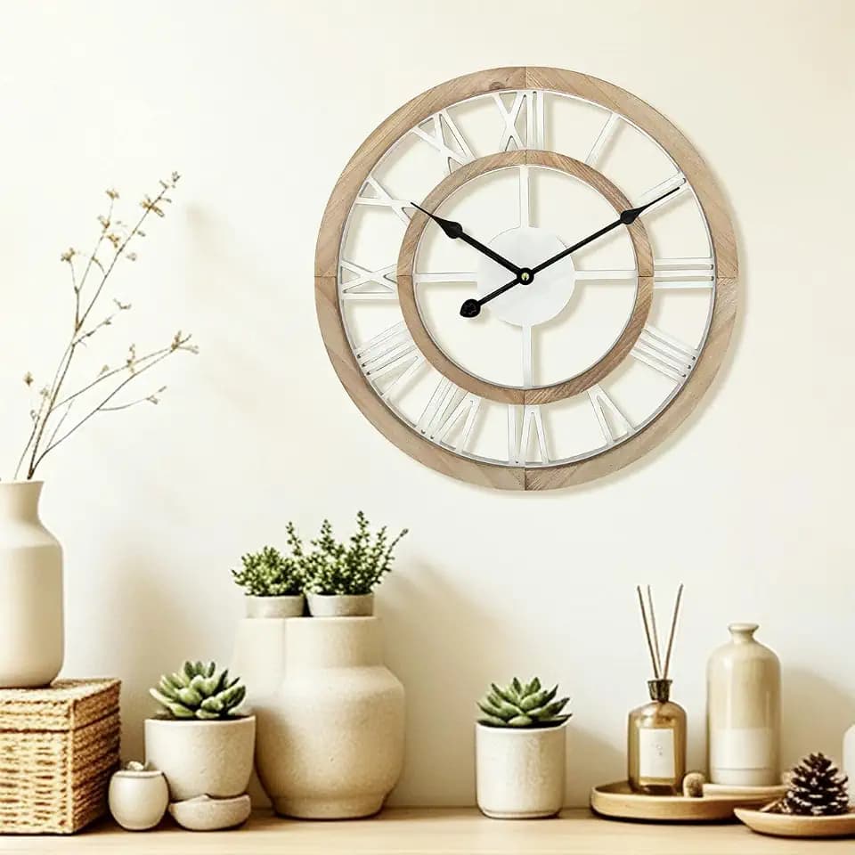 16 Inch Rustic Wall Clock Silent Non-Ticking Wooden Wall Clocks with Roman Numerals Farmhouse Decorative Clock for Living Room Bedroom Office (Light Lvory)