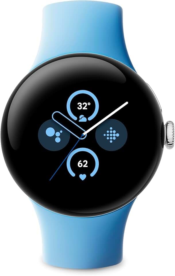 Google Pixel Watch 2 - das Beste von Google und Fitbit – Herzfrequenzmessung, Stressmanagement, Sicherheitsfunktionen – Android – Aluminiumgehäuse in Polished Silver – Sportarmband in Bay – WLAN