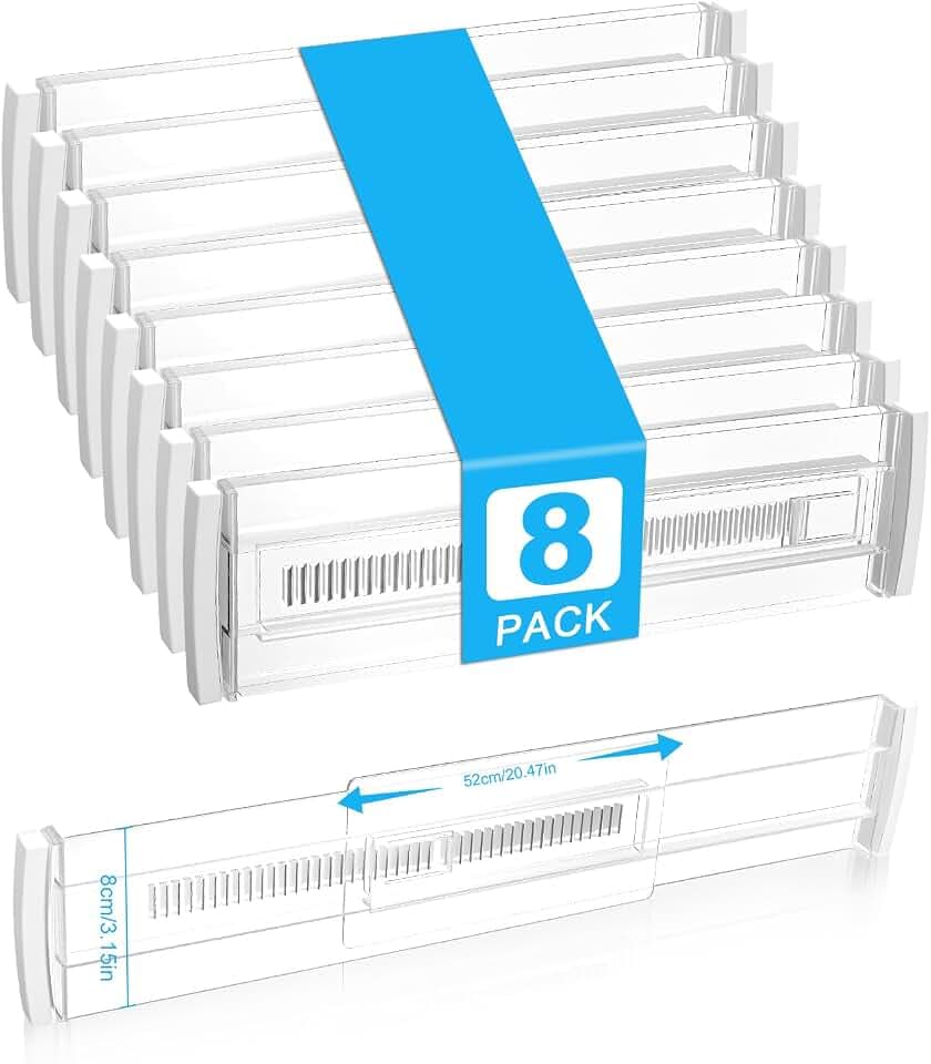 8er Set Schubladentrenner Verstellbar Kunststoff Schubladentrenner(28.5-50.5cm) Küche, Adjustable Drawer Divider für Kleiderschrank,Schlafzimmer,Kommode,Küche, Transparent
