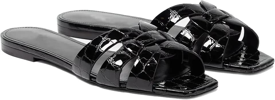 THESHY Women's Flat Sandals Square Toe Patent Leather Comfortable Slip on Slippers Casual Summer Dressy Beach Slide Sandals for Women