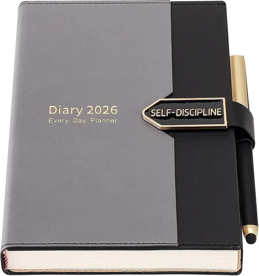 Mljtoyo A5-Tagesplaner 2026, Tag pro Seite, Hardcover-Produktivitäts-Tagesplaner, Tagebuch, Ganzjahresplaner von Januar 2026 bis Dezember 2026, mit Stift, farbige Seitenregister, Schwarz