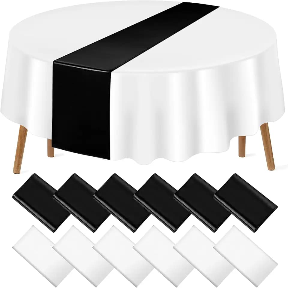 12Pack 12x108 Inch Satin Table Runner and 84 Inch Round Plastic Tablecloths White and Black Disposable Round Table Cover for Graduation Wedding Bridal Shower Anniversary Birthday Party Decorations