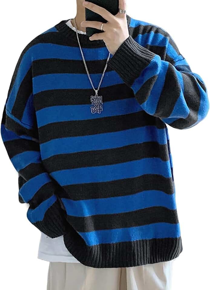 Men Casual Long Sleeve Striped Sweaters Oversized Knit Pullover Autumn Winter Fashion Sweater Jumpers Tops