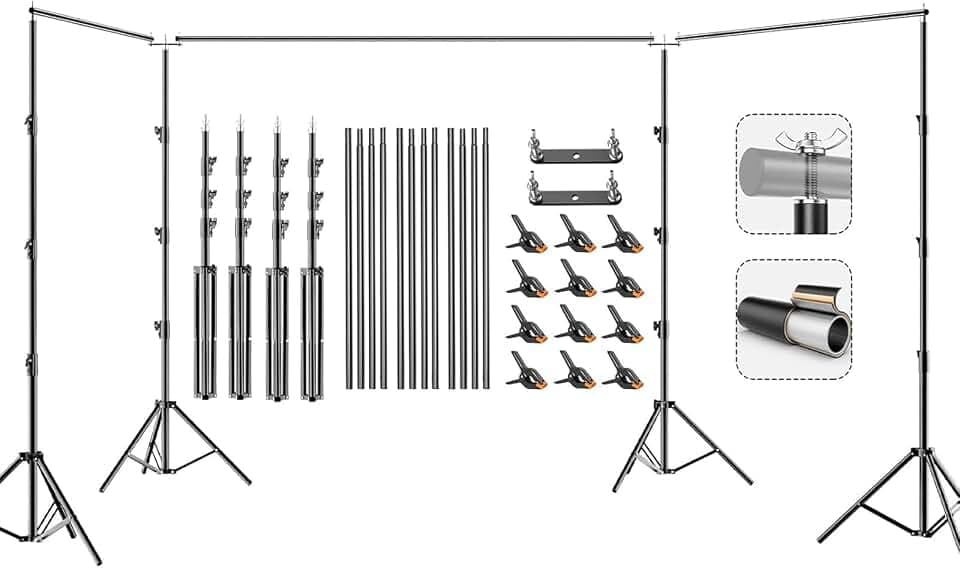 BEIYANG 10x30FT Photo Backdrop Stand, Angle Adjustable Triple Crossbar Extender Mount, Large Photography Background Support System,12 PCS Clamps for Wedding Party Celebration