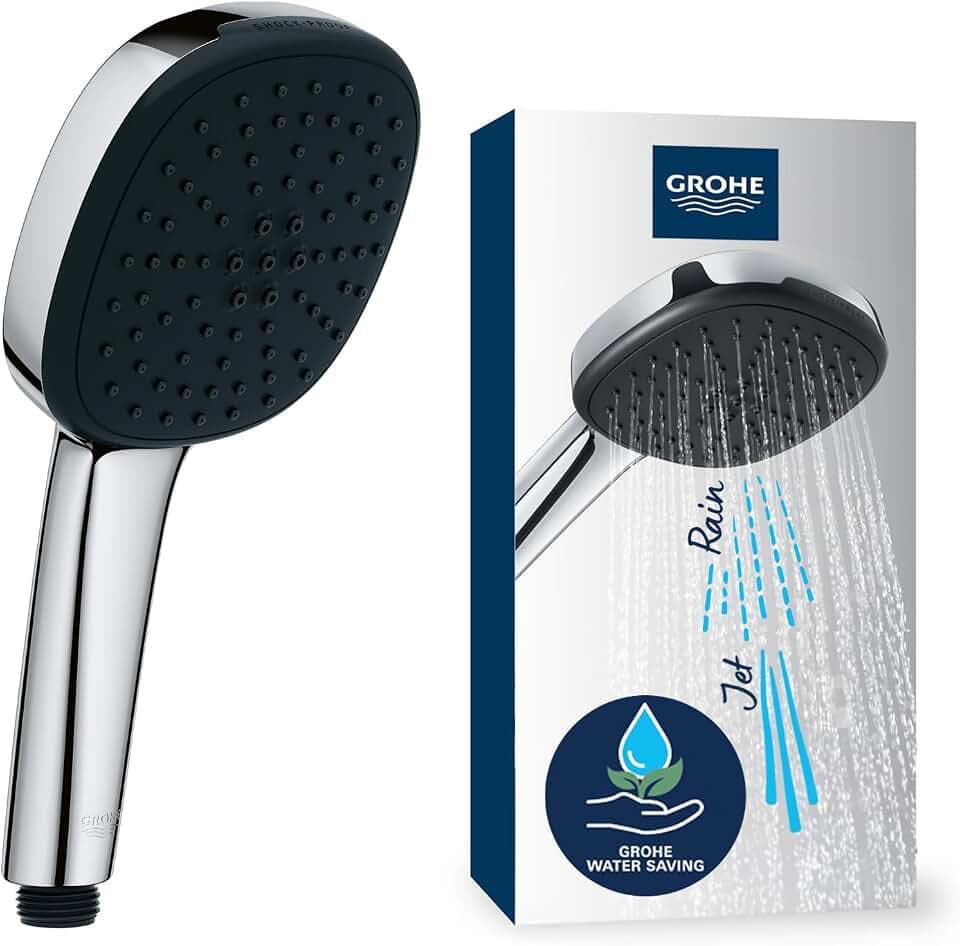 GROHE Vitalio 110, Duschkopf wassersparend, 6l pro Min (Handbrause 2 Strahlarten, per Drehregler verstellbar, Universalanschluss, Silikonring schützt Duschbrause bei Stürzen), eckig, chrom, 2639710E