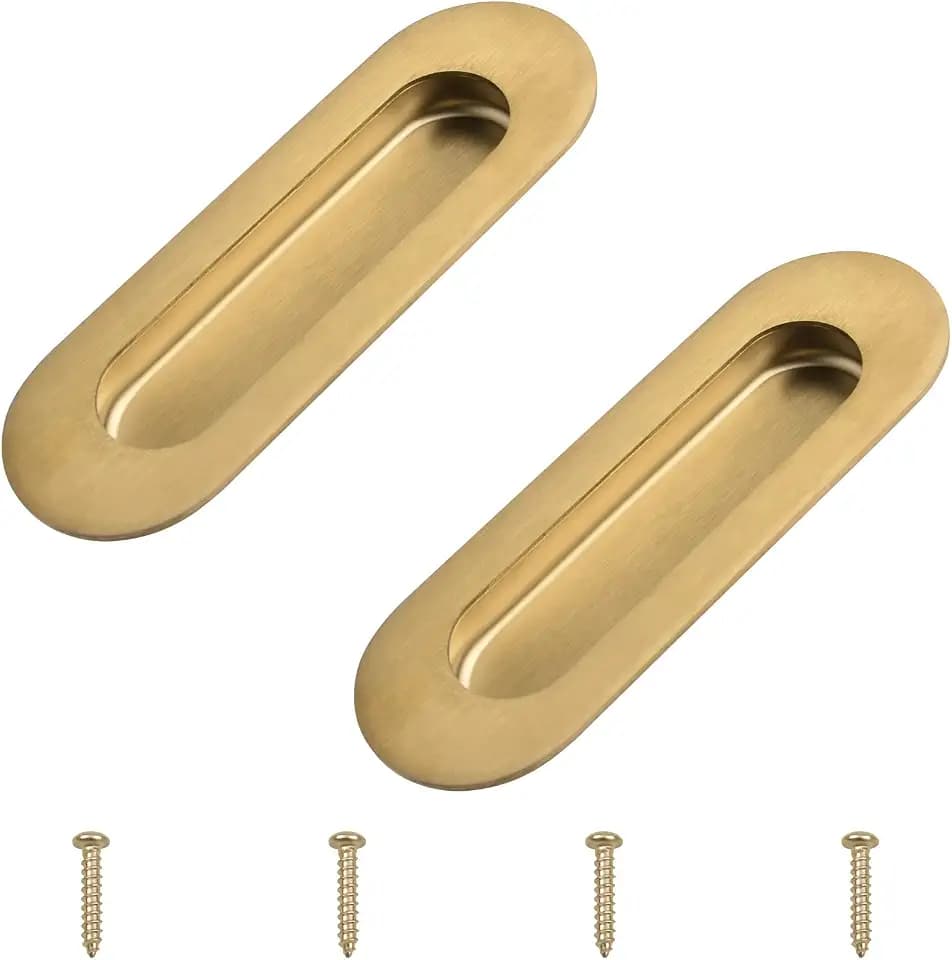 MOROBOR 2Pcs Brushed Gold Stainless Steel Side Hole Flush Pull, Oval Embedded Sliding Door Handle Recessed Finger Pulls with Hidden Screws for Drawer Cupboard Wardrobe