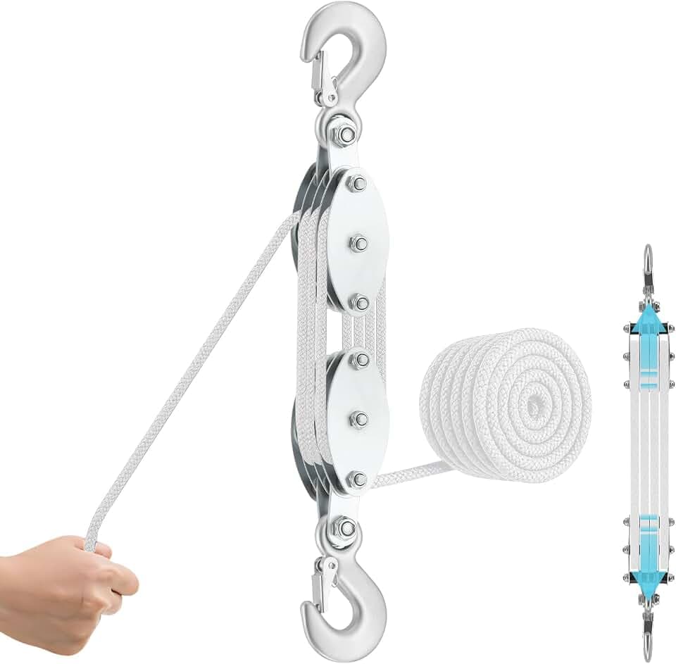 Flaschenzug Mit Seilbremse, 2000kg Max, Flaschenzug Handseilzug Mit 20m Nylon Seil Und Haken, 270° Drehbar Arbeitssparender Flaschenzug, Tragkraft Seilzug Mit Haken Für Industrielle Baustellen(White)