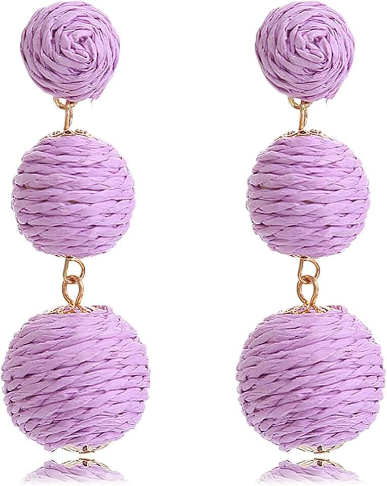 Boho Raffia Ball Earring for Women Bohemian Handmade Raffia Ball Round Geometric Drop Dangle Earring Statement Summer Beach Vacation Jewelry Gifts