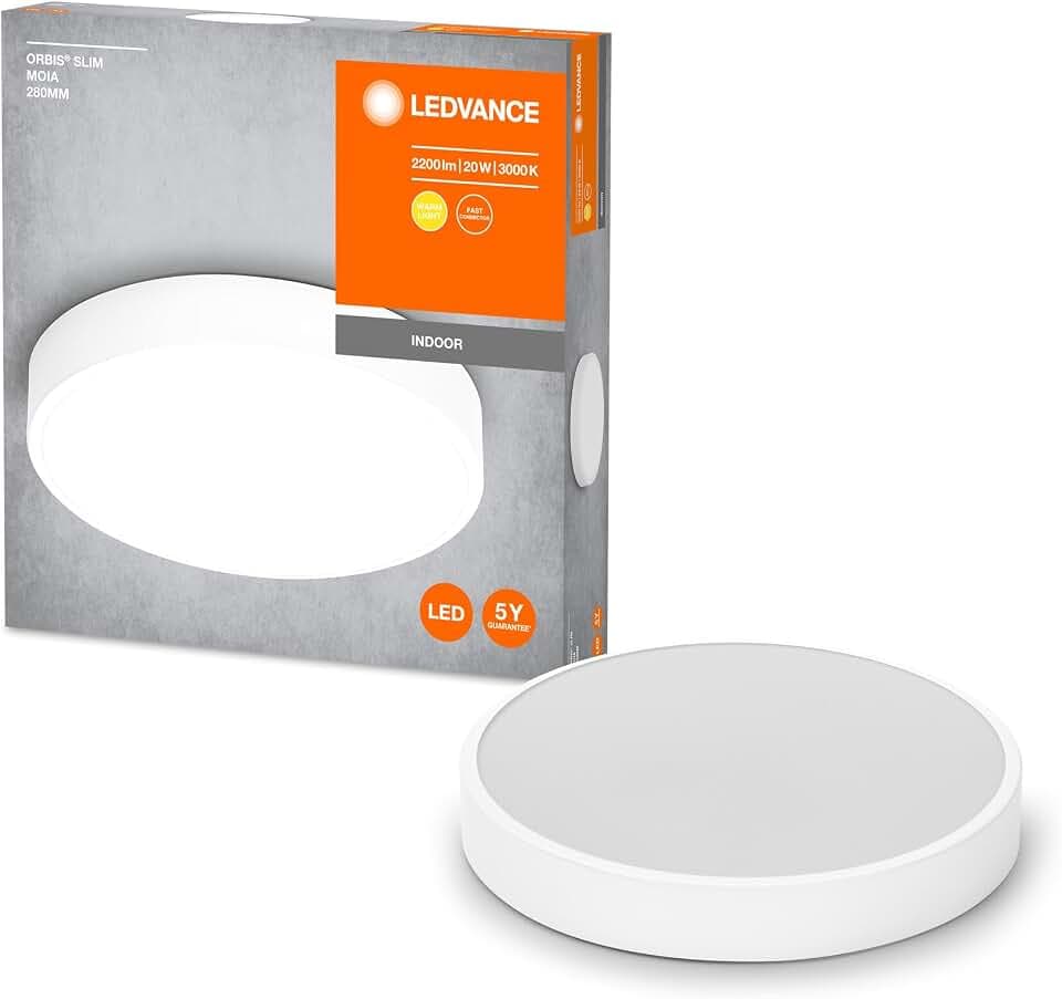 LEDVANCE ORBIS SLIM Moia LED Deckenleuchte, weiß, 20W, 2200lm, 280mm Durchmesser, sehr homogene Lichtverteilung, abnehmbar LED-Modul, lange Lebensdauer, einfache Montage, modernes Design, 3000K