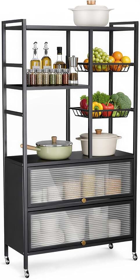 5-Tier Kitchen Bakers Rack with Storage, Flip-up PC Doors