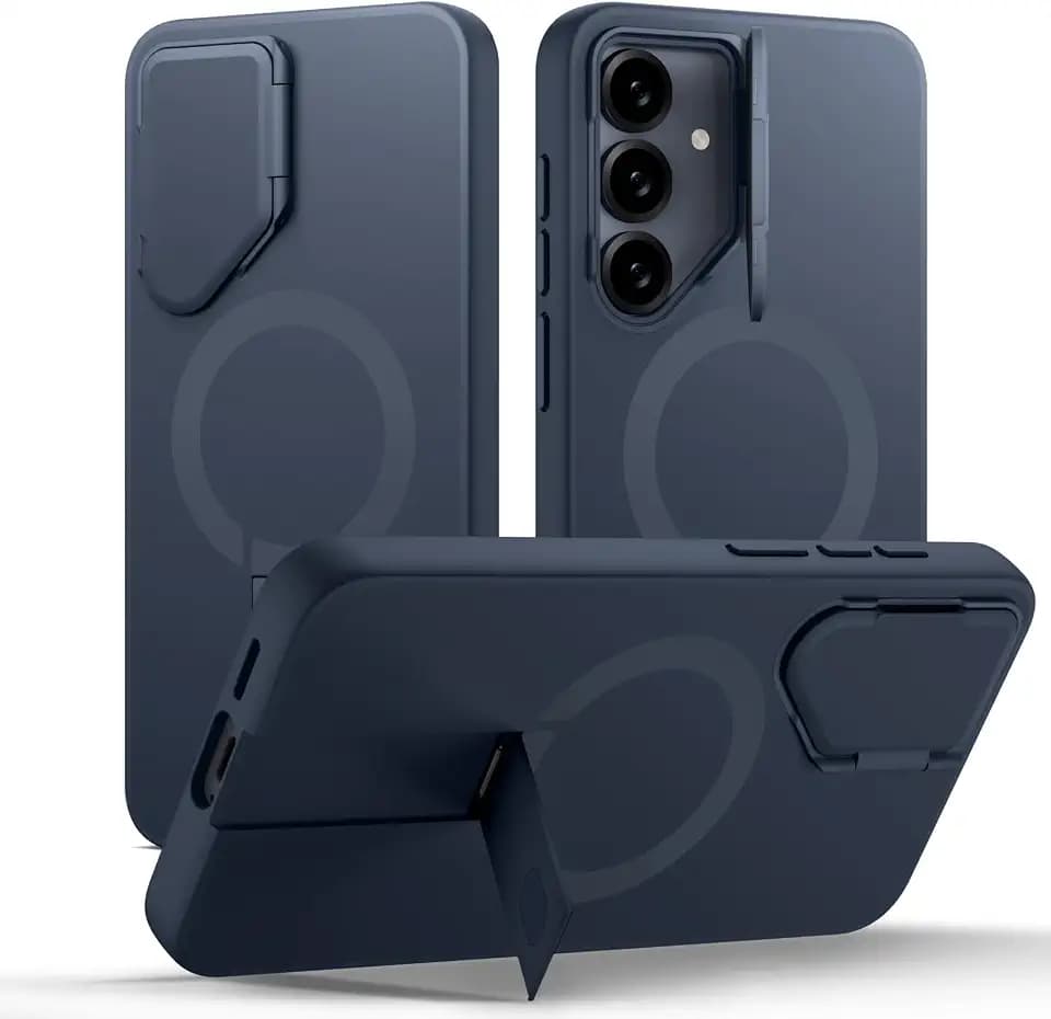 SURITCH for Samsung Galaxy S25 FE Phone Case, Magnetic Protective Cover with Camera Cover & Adjustable Metal Kickstand for Galaxy S25 FE (2025)-Dark Blue