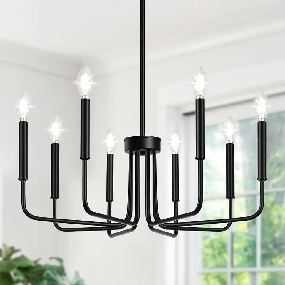 Lynnoland Black 8-Light Chandelier, Farmhouse Chandelier for Dining Room Lighting Fixtures Hanging, Vintage Candle Pendant Light Fixtures Chandelier for Bedroom, Foyer and Living Room