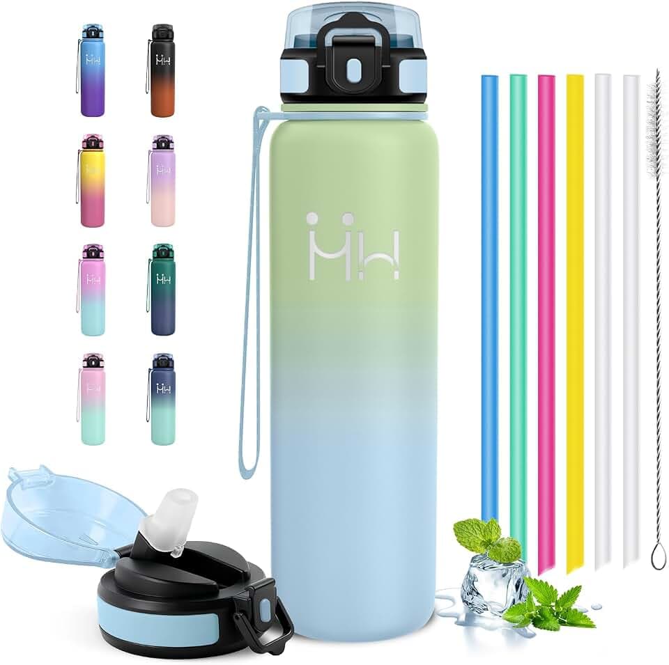 Thermosflasche 1L, Trinkflasche BPA-Frei, Isolierflasche mit Strohhalm, Auslaufsicher Doppelwandig Trinkflasche, für Fitness, Laufen, Büro