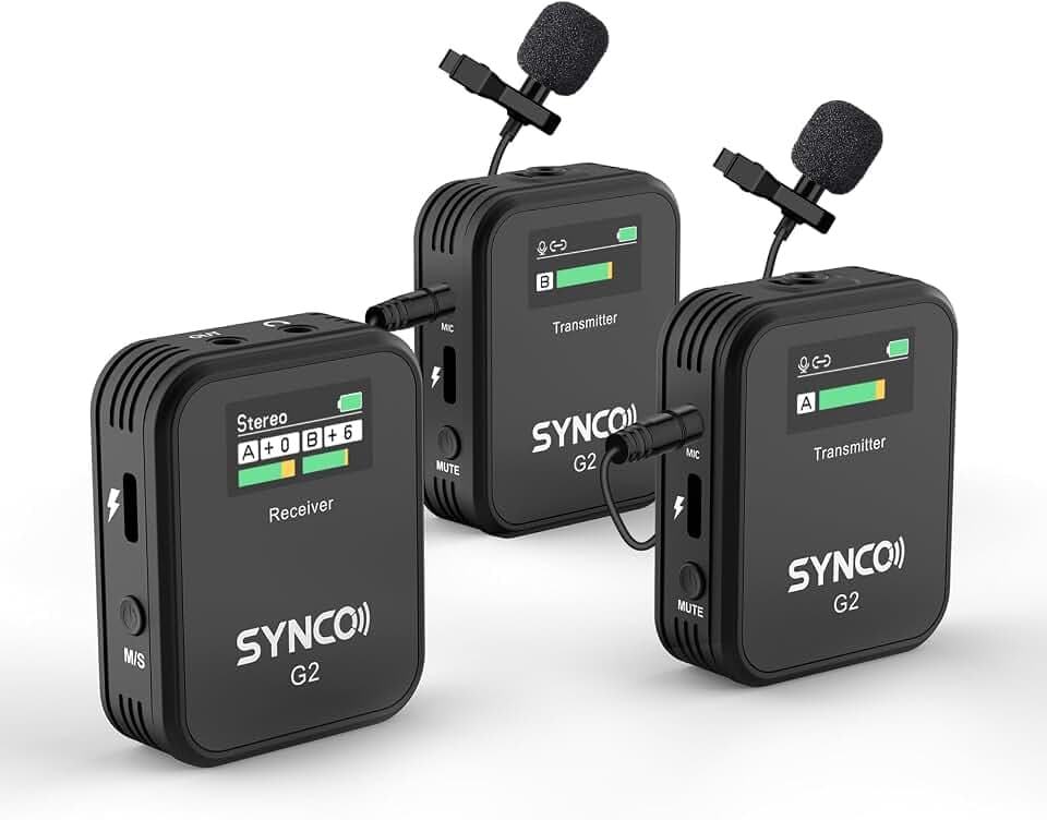 SYNCO Wireless Lavalier-Mikrofon, G2(A2) 2.4G Dual Transmitter 48KHz 24Bit Kabelloses Ansteckmikrofon 200m 8H für Online-Kurse Vlogs Streaming für Kamera Smartphone Tablet