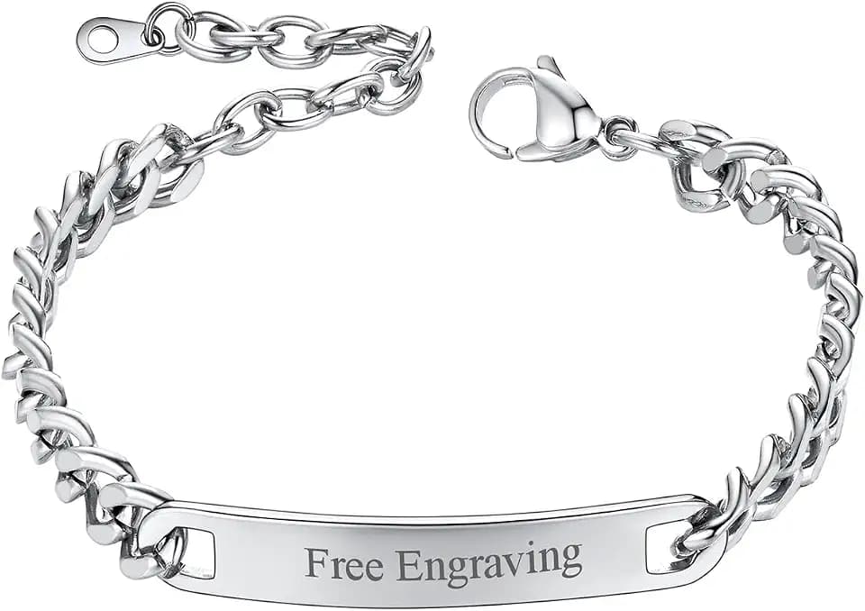 ChainsHouse Personalized ID Bracelet for Men Women Stainless Steel Cuban Curb Link Chain Custom Engrave Bar Bracelet Bangle, 7mm Width, 19-21CM, Send Gift Box