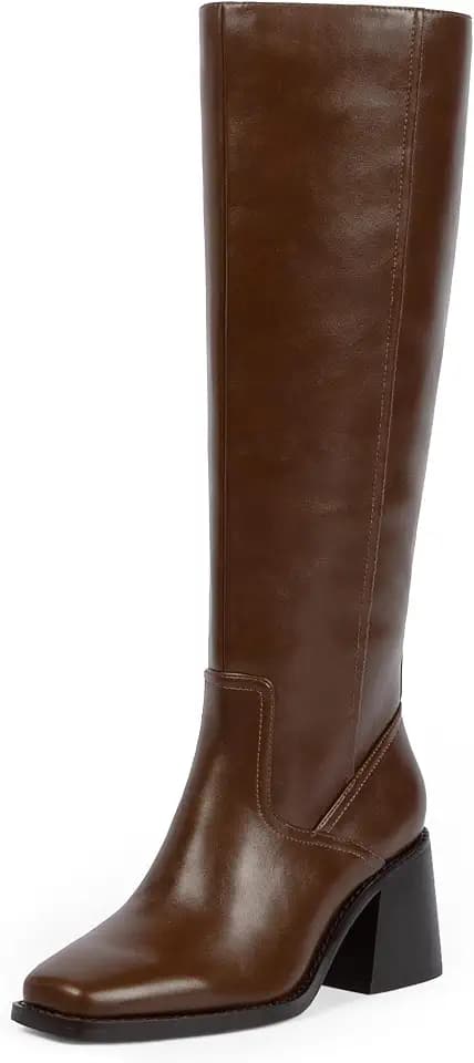 Easyfox Women's Knee High Boots with Zipper Square Toe Chunky Heeled Tall Boots for Women