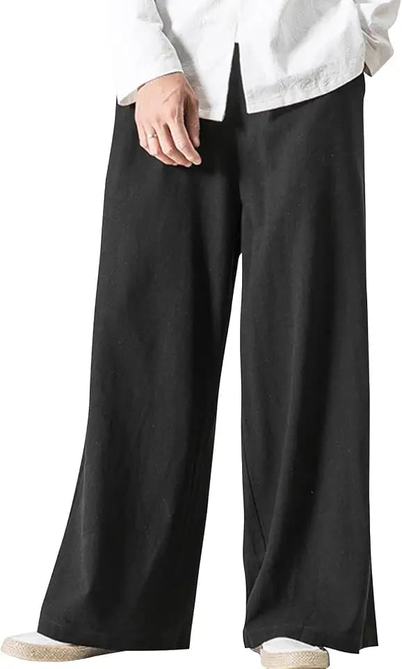 Kissonic Mens Casual Linen Pants Elastic Waist Cotton Wide Leg Trousers