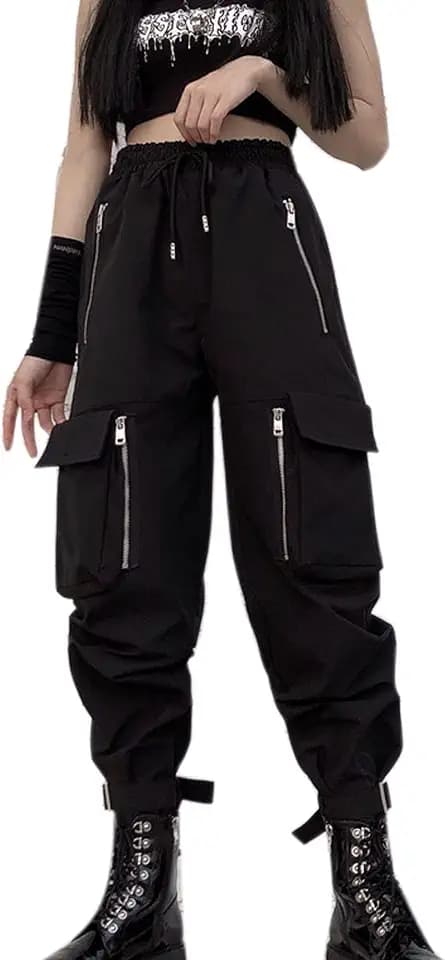 Black Cargo Pants Women Loose Chained Multi-Pocket Multi-Zip Punk Goth Pants