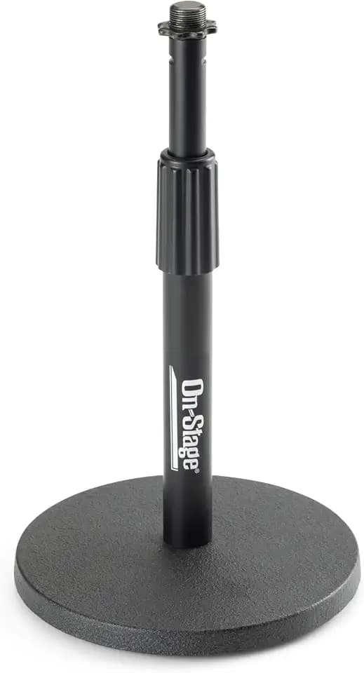On-Stage DS7200B Adjustable Desktop Mic Stand (for Recording, Streaming, Podcasting, Bass, Drums&Amps, Adjustable Height, Round Weighted Base, 5/8″-27 Threading, Metal, Black)