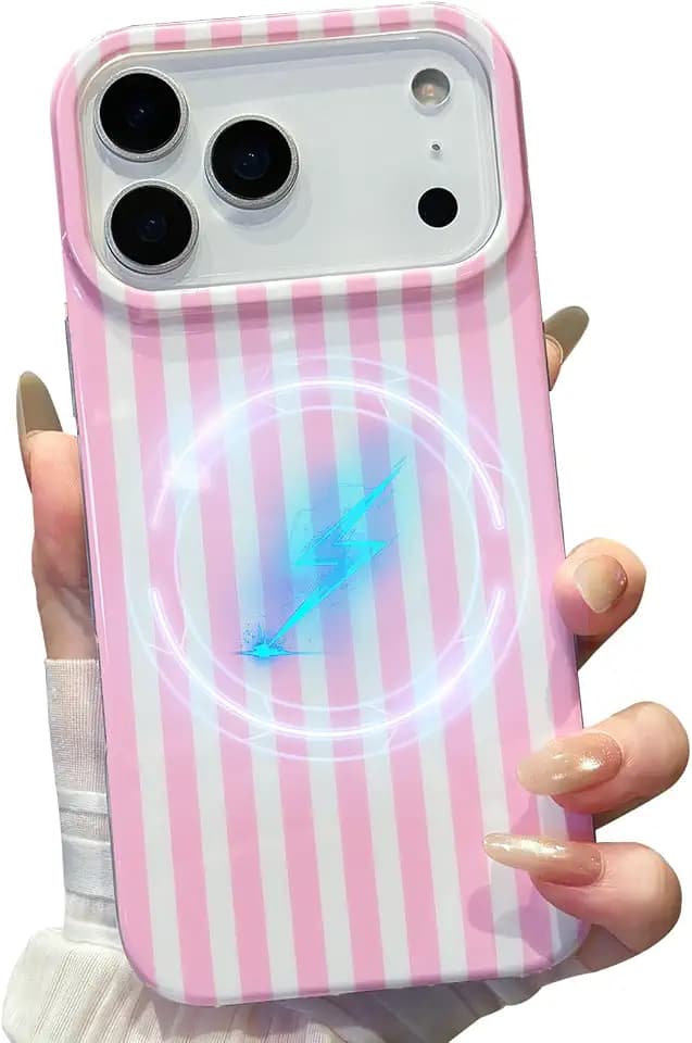 Magnetic for iPhone 17 Pro Case Striped Phone Case Cute Women Girly Trendy Compatible with MagSafe,Shockproof Slim Soft TPU and Hard Back Protective Cover Pink