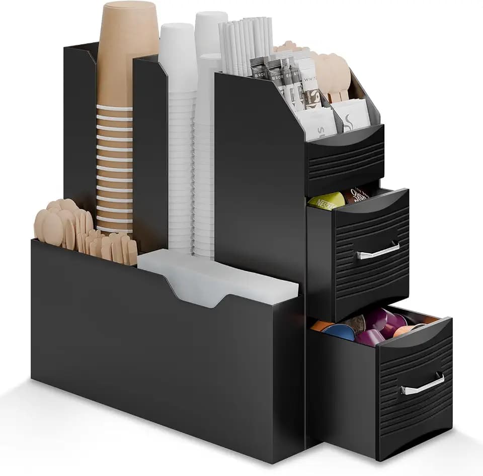 ACROPAQ Kaffeestation Organizer - 2 Schubladen für ultimative Bequemlichkeit - Optimieren Sie Ihr Kaffeeerlebnis mit dem Coffee Station Organizer - 10 Fächer für Tassen und Deckel - Kaffee-Station