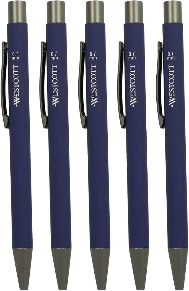 Westcott PrimeDraw Druckbleistift 0,7mm HB Blau (5er-Set) | Minenbleistift mit versenkbarer Minenführung | Schaft aus recyceltem Aluminium | E-733946 00
