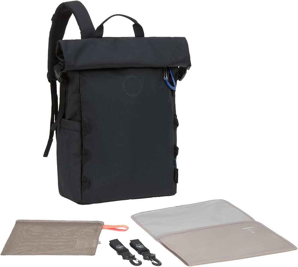 LÄSSIG Baby Wickelrucksack Wickeltasche Rucksack mit Wickelunterlage, Kinderwagenbefestigung, FlaschenhalterGRE Outdoor Rolltop Backpack black