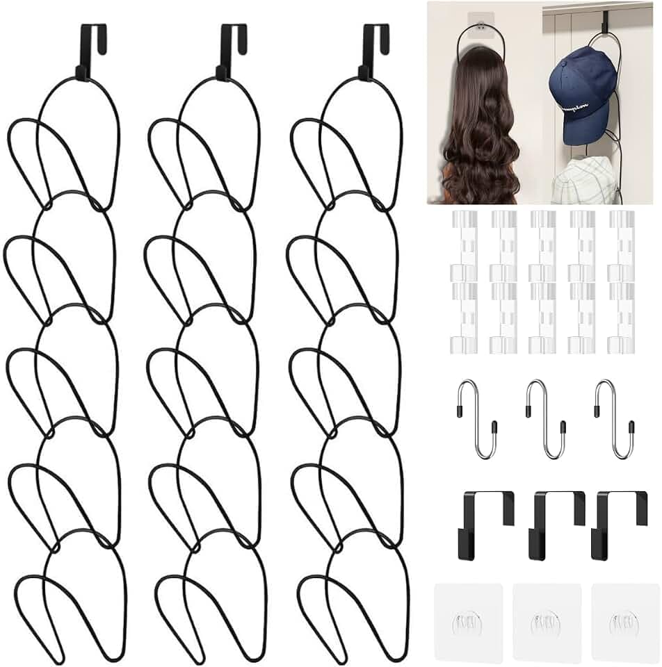 LINFIDITE 15 Pack Hat Rack Hanger Holder Organizer Closet Hanging Baseball Cap Display Storage Rack for Scarves Handbags Towels Clothes Ties Over Door Wall Mounted w Hanging Hook Black