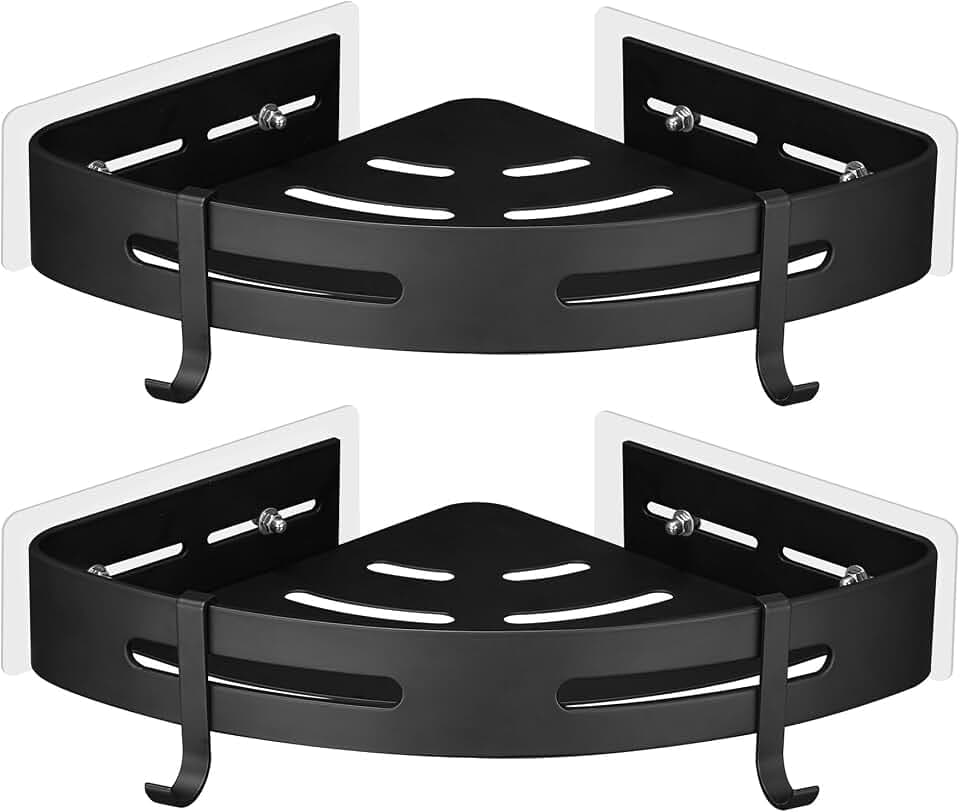 GRICOL Eckablage Duschkorb Duschregal ohne Bohren Duschablage Metall Mit 4 Haken Dusche Ablage Badregal mit Aufkleber Badezimmerregal für Bad und Küche 2 Etagen Schwarz