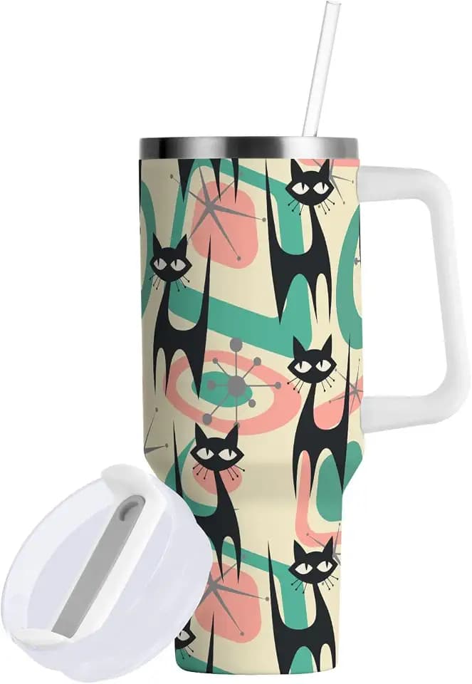 30 oz Tumbler with Straw & Handle - 2 in 1 Lids Leak Proof Tumblers - Large Insulated Stainless Steel Cup Water Bottle Travel Metal Mug for Women Man,Mid Century Atomic Black Cat