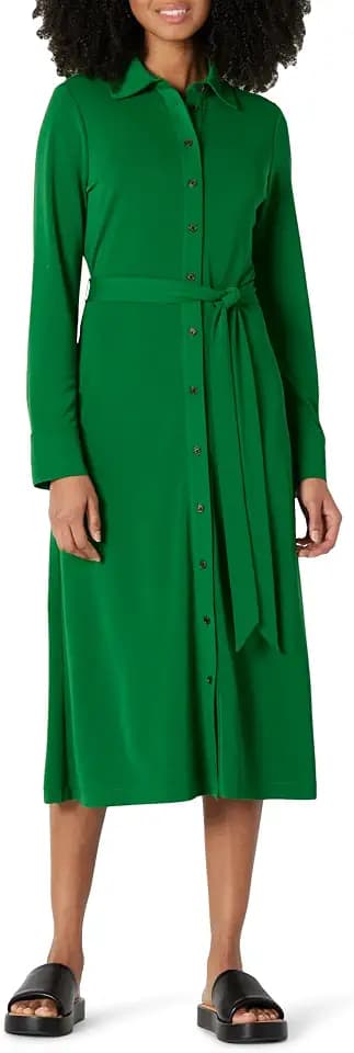 Amazon Essentials Women's Regular-Fit Matte Jersey Midi Length Dress with Classic Collar, Button Front, Removable Belt