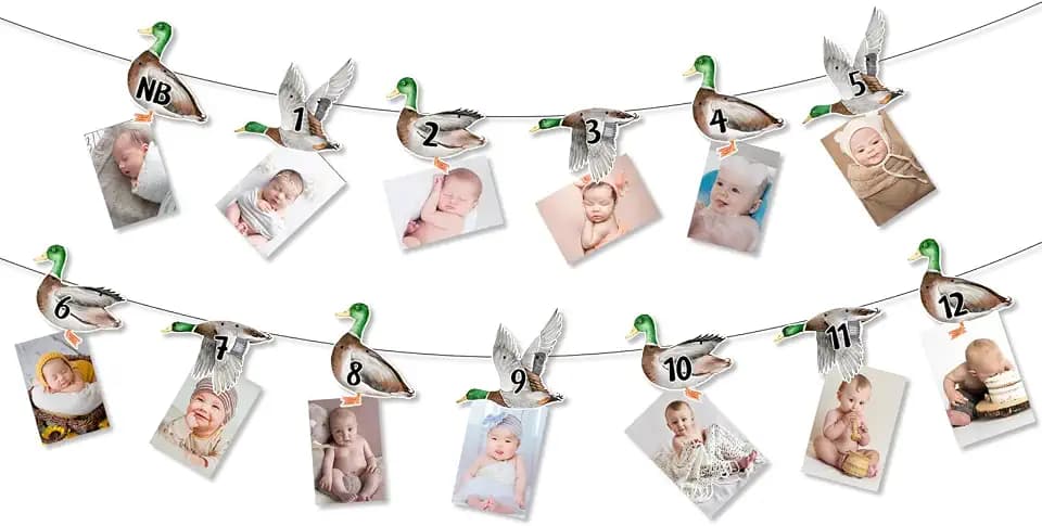 Mallard Duck 1st Birthday Photo Banner, Duck Theme Picture Banner from Newborn to 12 Months Growth Record First Bday Party Decorations for 1 Year Old Boy