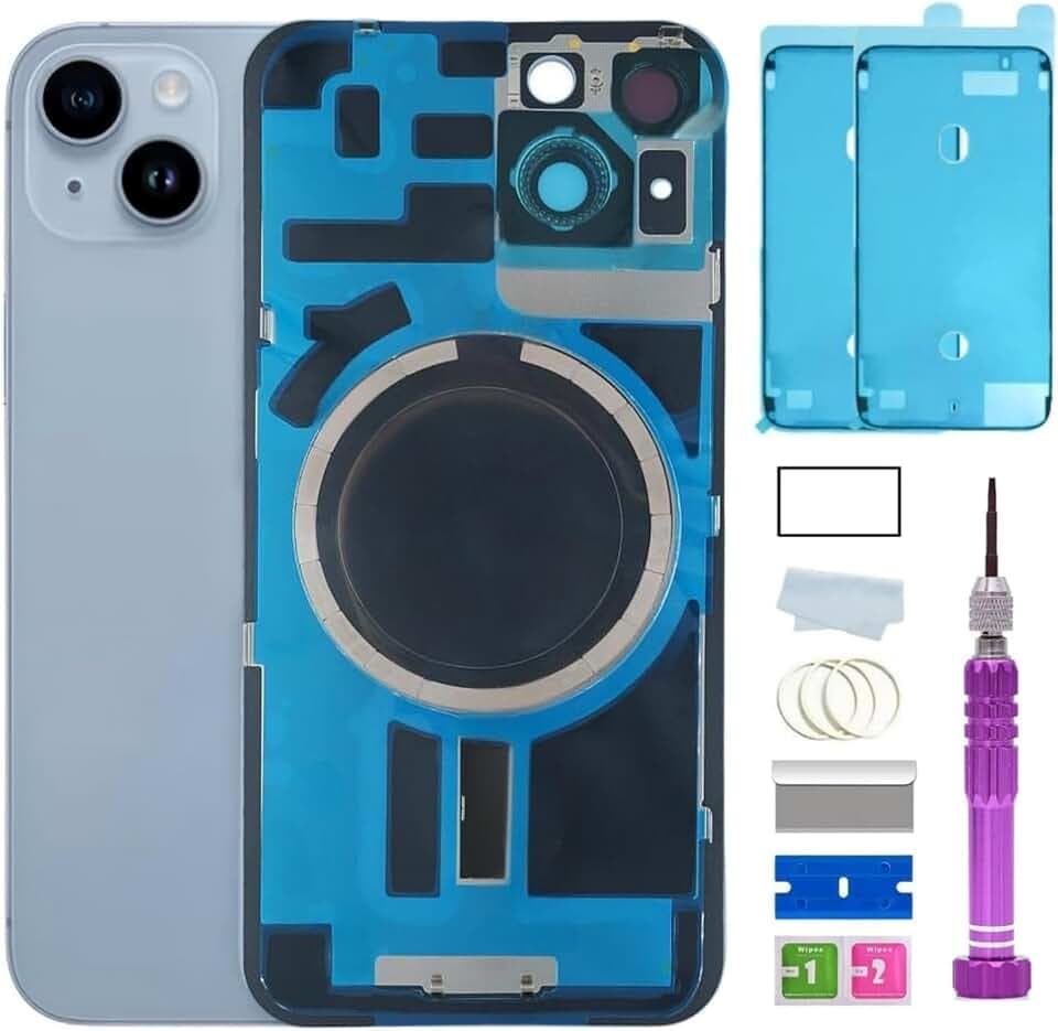 14 Back Glass Replacement for iPhone 14 Back Glass (6.1 Inches) with Pre-Installed Plate + Camera Frame + Lens + Reparing Tools (Blue)